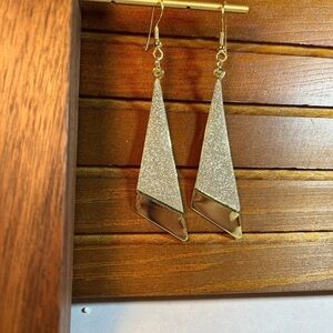 Boho Long Triangle Frosted Earrings, Gold Tone, Silver Glitter.